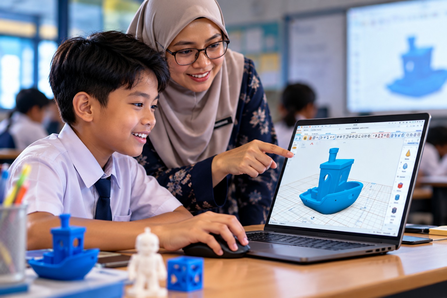 Pelajar sekolah mereka bentuk bot 3D menggunakan Layerling di laptop, dibimbing oleh guru dalam kelas