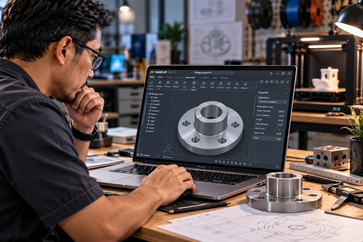 Jurutera menggunakan SolidCraft untuk mereka bentuk flange CAD dengan model fizikal di atas meja